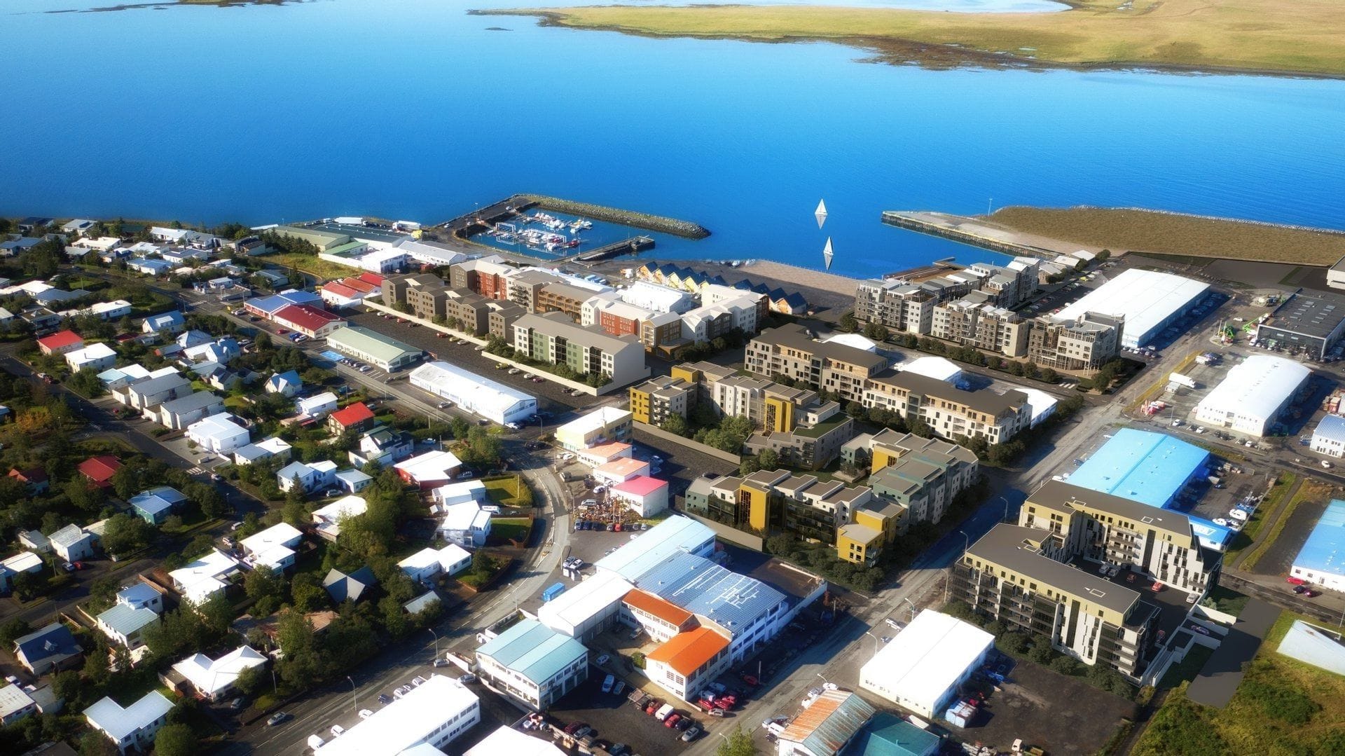 Smábátar við bryggju í Kópavogshöfn á björtum degi.