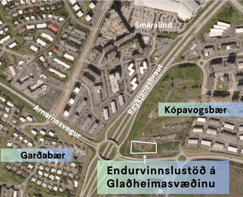 Loftmynd af tillögu að staðsetningu endurvinnslustöðvar