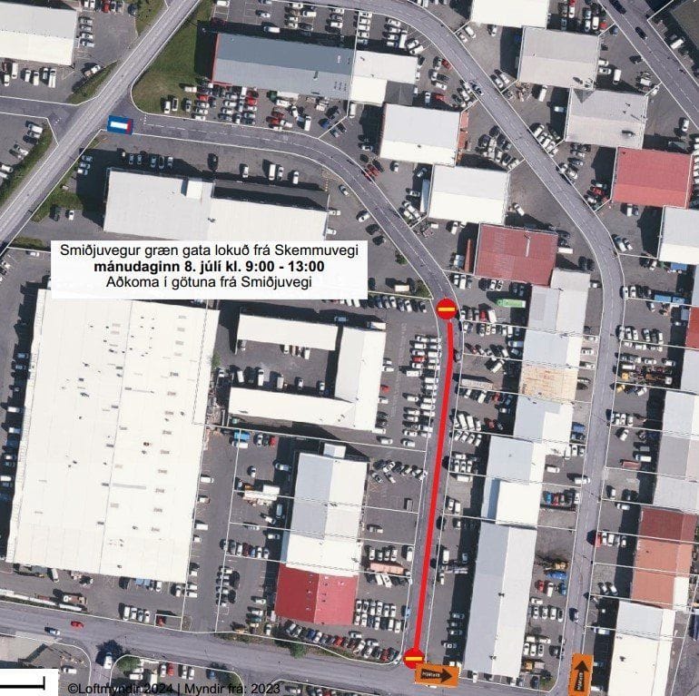 Lokunartilkynning Smiðjuvegur 8. júlí
