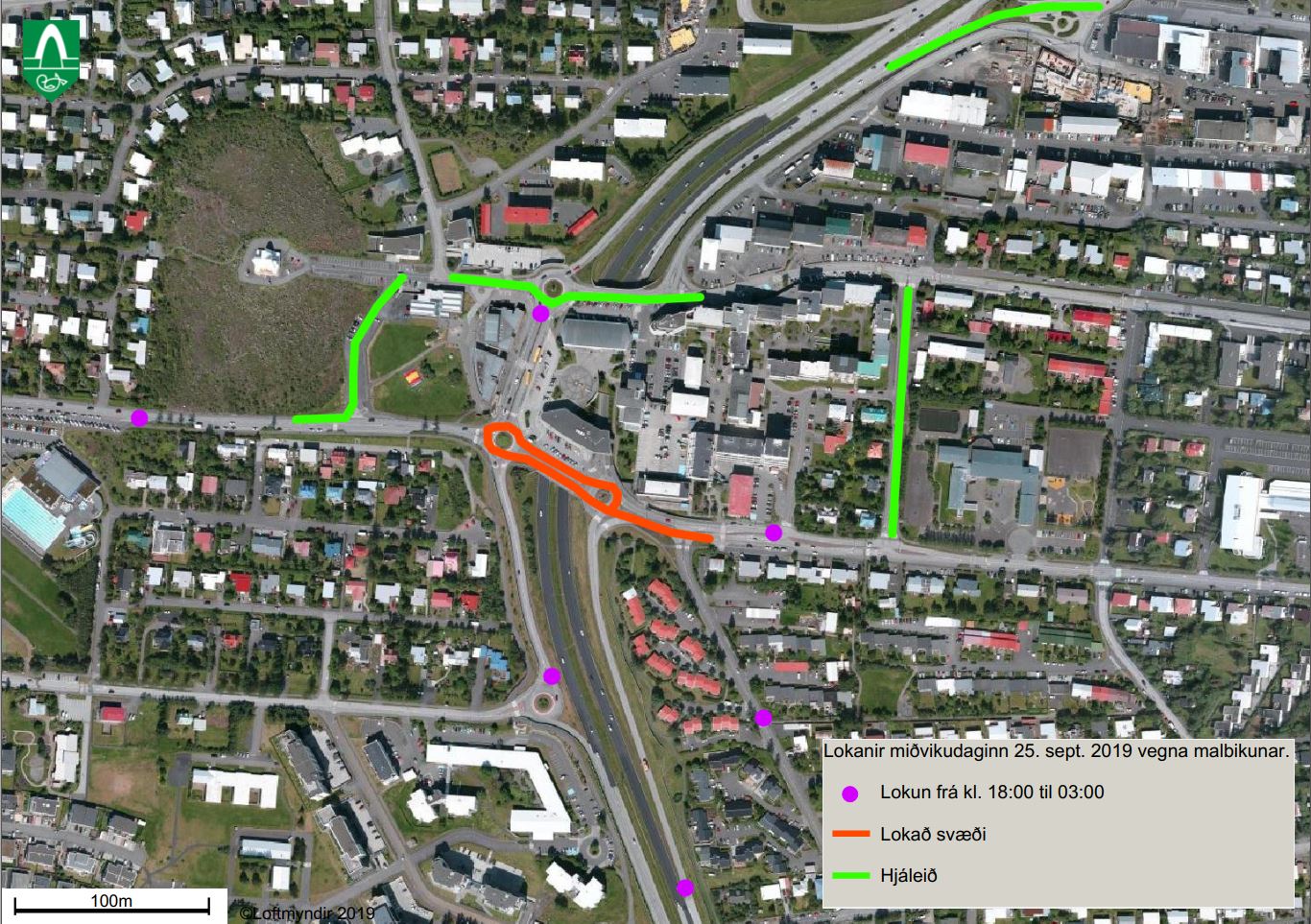 Lokanir miðvikudaginn 25.sept vegna malbikunar