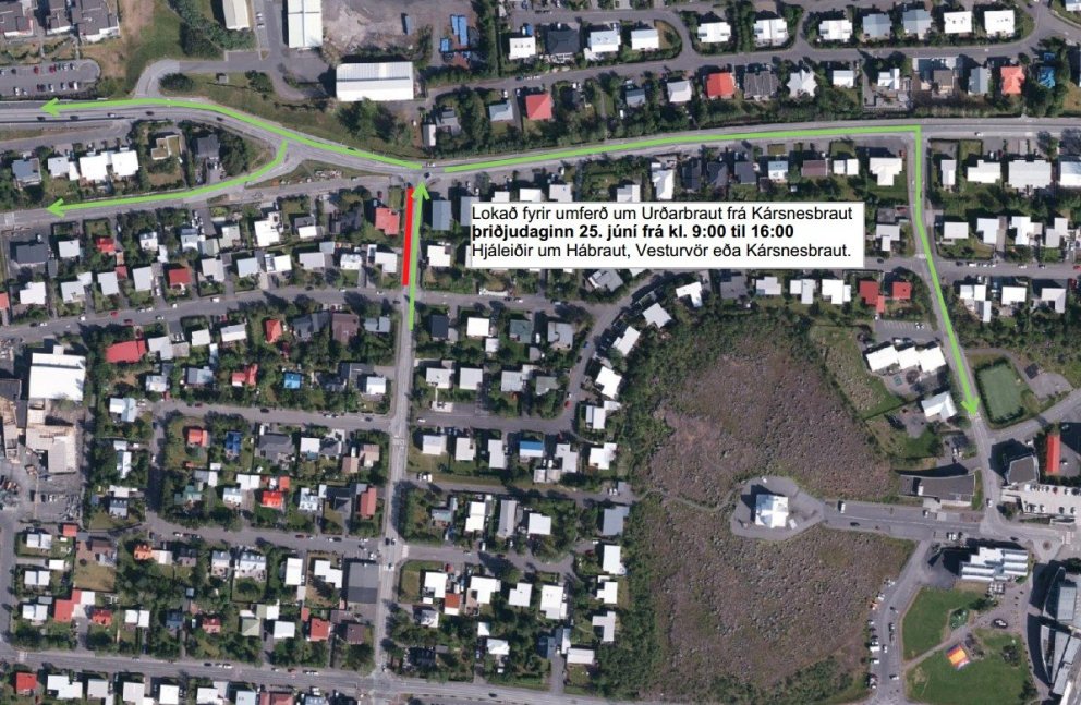 Lokað fyrir umferð um Urðarbraut, hjáleið um Hábraut, Vesturvör og Kársnesbraut