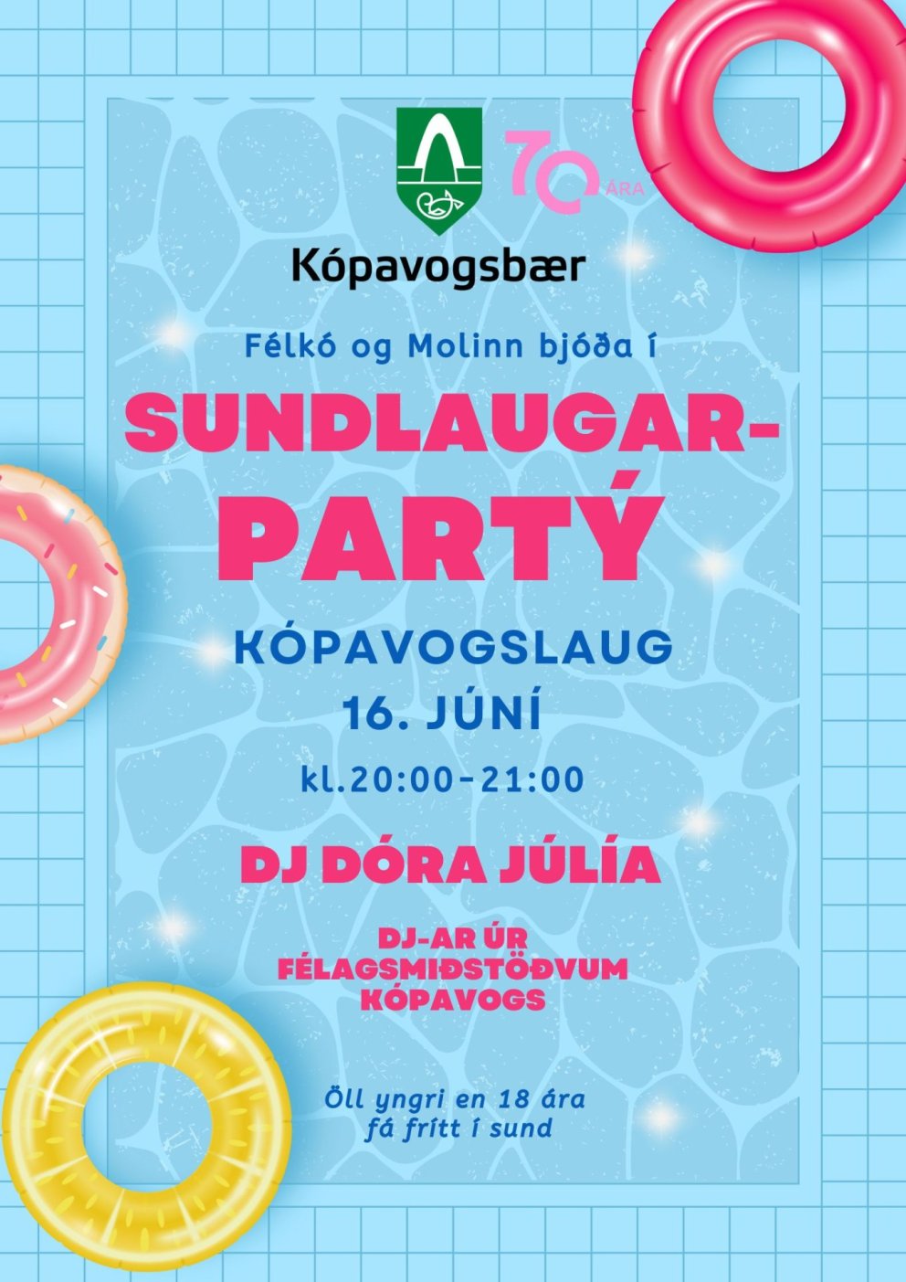 Sundlaugapartý verður í Kópavogslaug 16.júní.