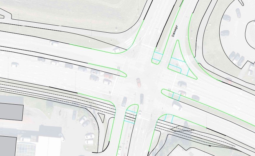 Uppdráttur sem sýnir gatnamót Fífuhvammsvegar og Dalvegar eftir breytingu.