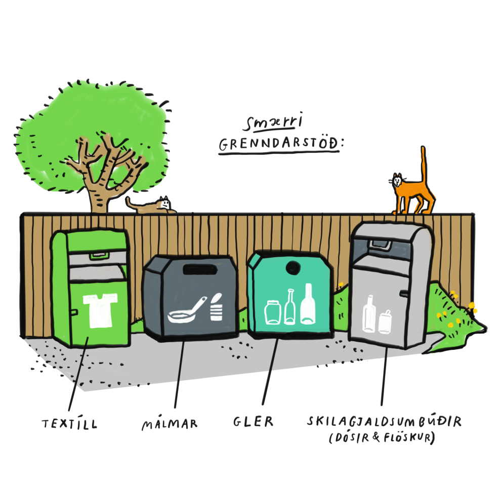 Lítil grenndarstöð tekur við textíl, málmi, gleri og skilagjaldsskyldum umbúðum.