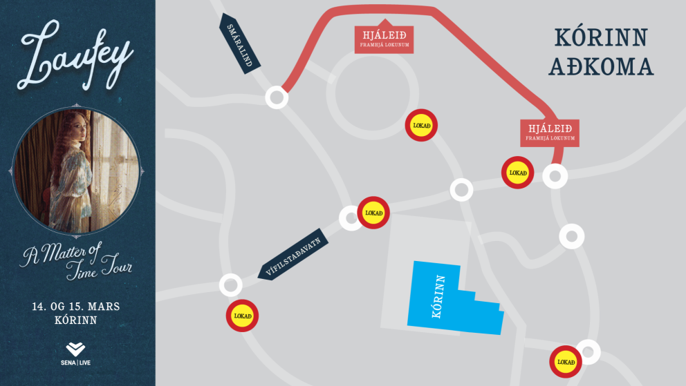 Kort sem sýnir hjáleið og götulokanir í tengslum við tónleika Laufeyjar í Kórnum.