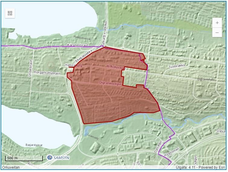 Kortið sýnir svæðið þar sem verður heitavatnslaust