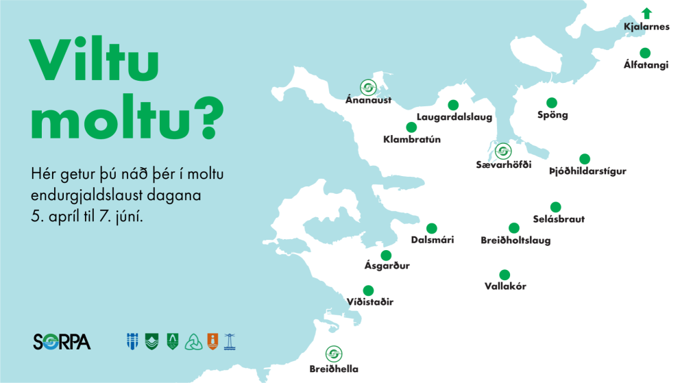 Kortið sýnir staði þar sem er hægt að nálgast moltu.