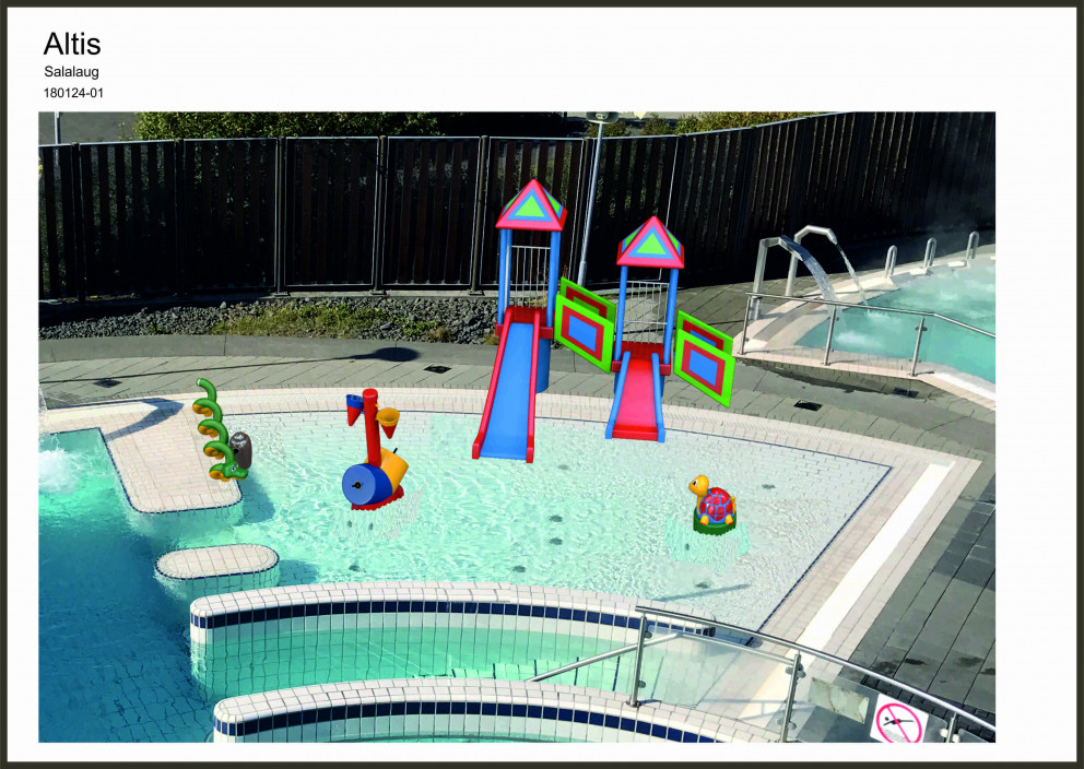 Teikning af nýjum leiktækjum Salalaugar.