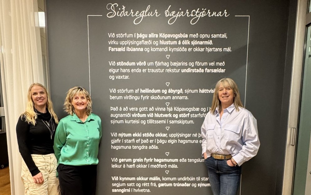 Forsætisnefnd við veggmynd sem sýnir siðareglurnar og er í bæjarstjórnarsal Kópavogs, Hábraut 2. Fr…