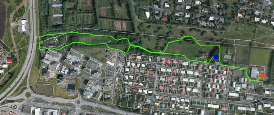 Kort sem sýnir gönguleið síðsumargöngu í Kópavogi.