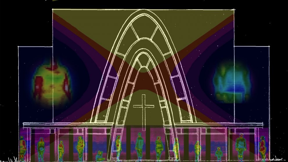 Skissa af verki Sirru Sigurðardóttur sem verður varpað á Kópavogskirkju.