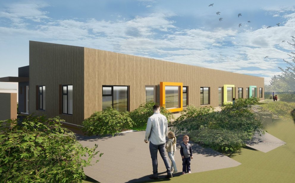 Nýr leikskóla rís við Skólatröð sem verður tekinn í notkun 2027. Mynd/ASK arkitektar.