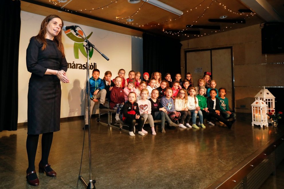Katrín Jakobsdóttir forsætisráðherra setur þemadaga í Smáraskóla 11. apríl 2019.