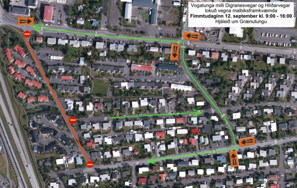 Vogatunga milli Digranesvegar og Hlíðarvegar lokuð vegna malbikunarframkvæmda