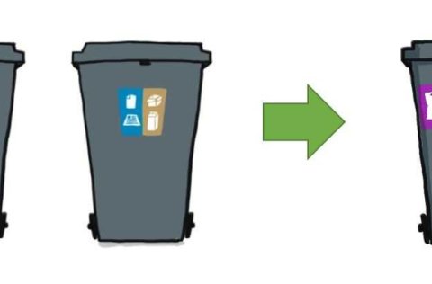 Tvískipt tunna fyrir pappa og plast er jafn stór tvískiptu tunnunni sem var dreift fyrr í sumar fyr…