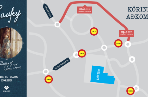 Kort sem sýnir hjáleið og götulokanir í tengslum við tónleika Laufeyjar í Kórnum.
