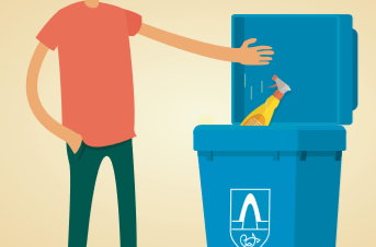 Mynd af manni henda í bláa tunnu