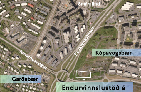 Loftmynd af tillögu að staðsetningu endurvinnslustöðvar