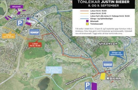 Lokanir vegna tónleika með Justin Bieber í Kórnum í Kópavogi.