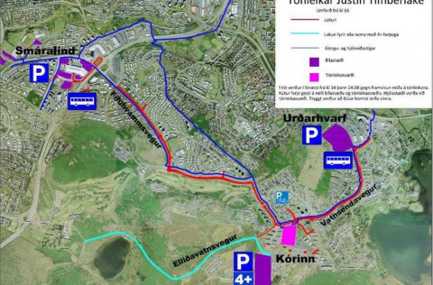 Kortið sýnir takmarkanir á umferð vegna tónleika Justin Timberlake í Kórnum.