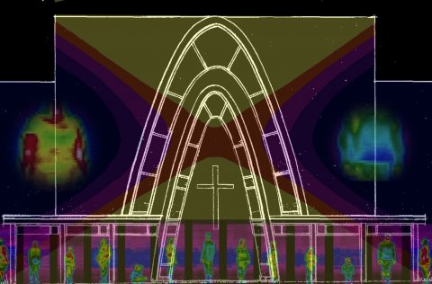 Skissa af verki Sirru Sigurðardóttur sem verður varpað á Kópavogskirkju.