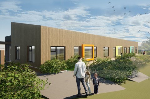 Nýr leikskóla rís við Skólatröð sem verður tekinn í notkun 2027. Mynd/ASK arkitektar.